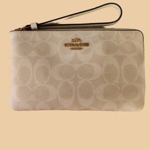 Coach Glacier White Signature Large Corner Zip Canvas Wristlet with Gold Logo